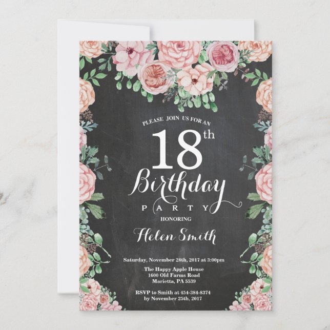 Floral Pink Peonies 18th Birthday Chalkboard Invitation (Front)