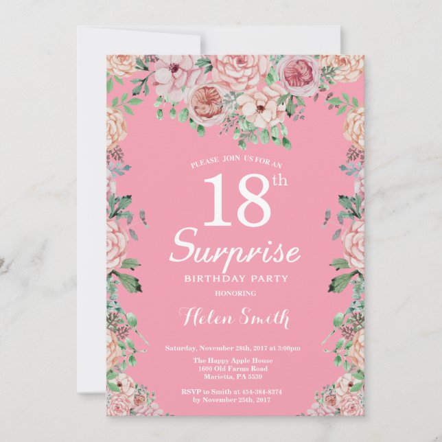 Floral Pink Peonies 18th Surprise Birthday Invitation (Front)