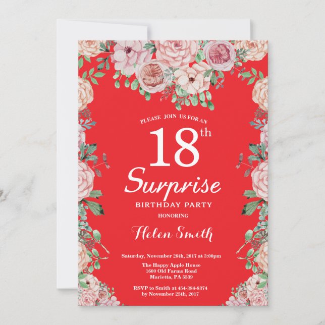 Floral Pink Peonies 18th Surprise Birthday Red Invitation (Front)