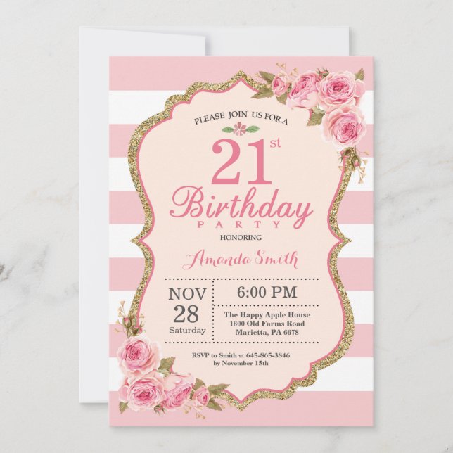 Floral Pink Peonies 21st Birthday Party Invitation (Front)