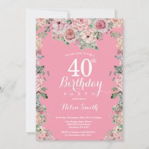 Floral Pink Peonies 40th Birthday Invitation