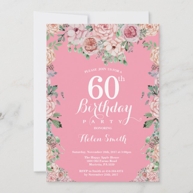 Floral Pink Peonies 60th Birthday Invitation (Front)