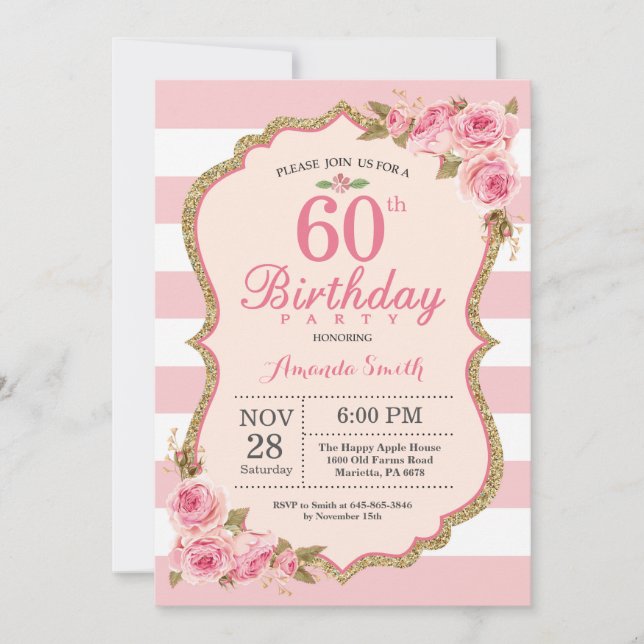 Floral Pink Peonies 60th Birthday Party Invitation (Front)
