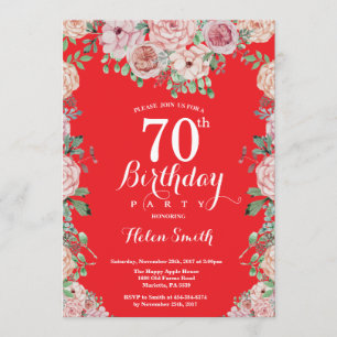 Floral Pink Peonies 70th Birthday Red Invitation