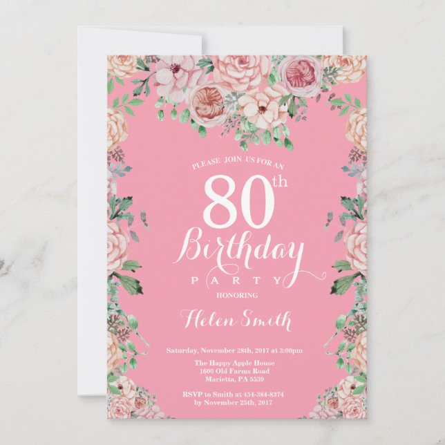 Floral Pink Peonies 80th Birthday Invitation (Front)