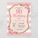 Floral Pink Peonies 90th Birthday Party Invitation<br><div class="desc">Floral Pink Peonies 90th Birthday Party Invitation for women. Gold Glitter. Blush Watercolor Floral Flower Chic. Pink and White Stripes. 13th 15th 16th 18th 20th 21st 30th 40th 50th 60th 70th 80th 90th 100th, Any Ages. Printable Digital. For further customisation, please click the "Customise it" button and use our design...</div>