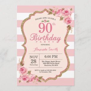 Floral Pink Peonies 90th Birthday Party Invitation