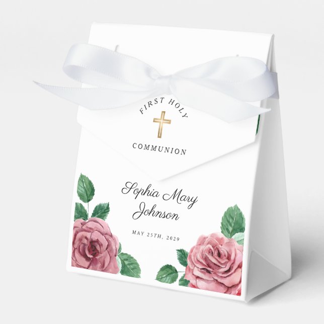 Floral Pink Peonies Girl Religious First Communion Favour Box (Front Side)