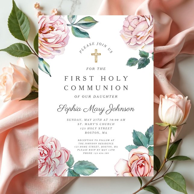 Floral Pink Peonies Girl Religious First Communion Invitation (Floral Pink Peonies Girl Religious First Communion Invitation)