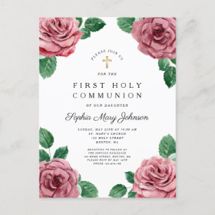 Floral Pink Peonies Girl Religious First Communion Invitation Postcard