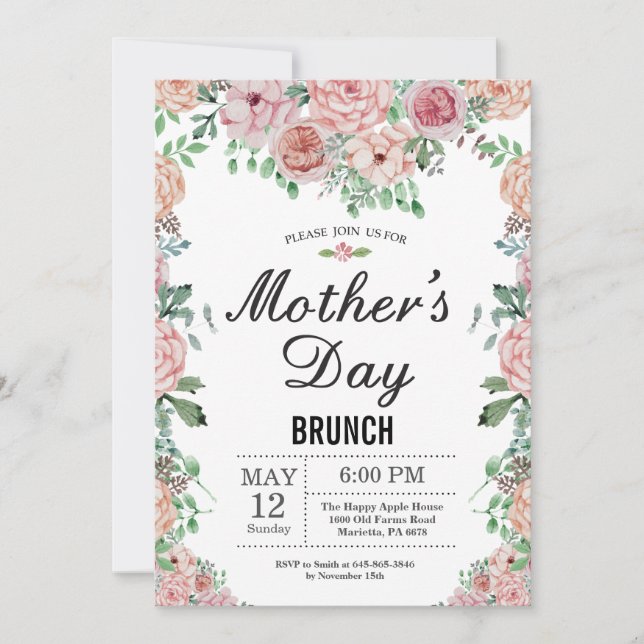 Floral Pink Peonies Mothers Day Brunch Invitation (Front)
