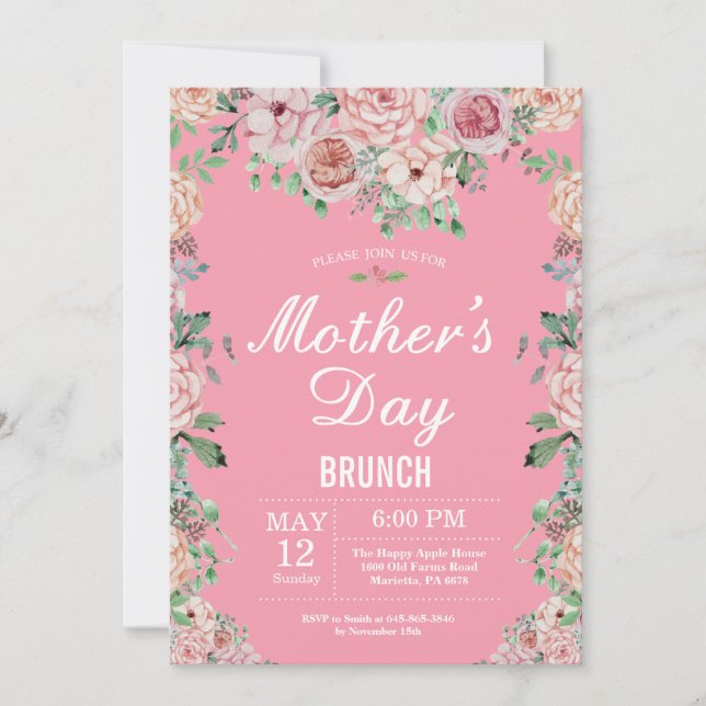 Floral Pink Peonies Mothers Day Brunch Invitation (Front)