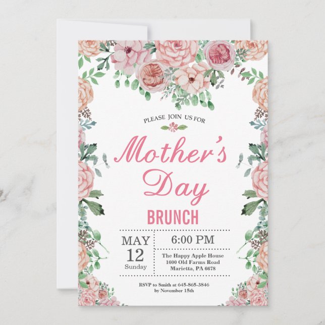 Floral Pink Peonies Mothers Day Brunch Invitation (Front)