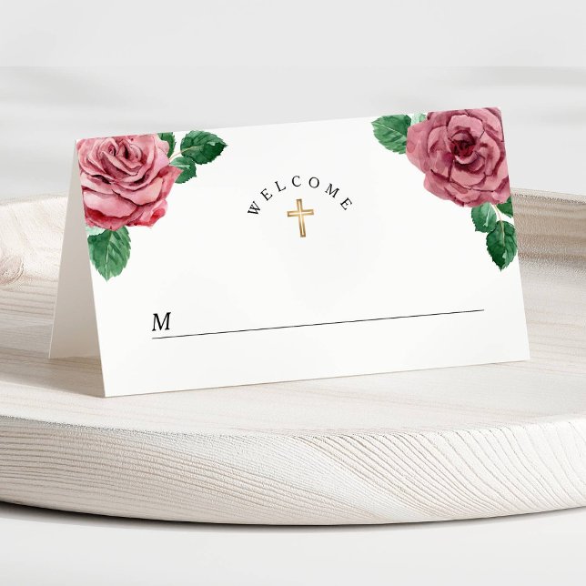 Floral Pink Peonies Religious First Communion Place Card (Floral Pink Peonies Religious First Communion Place Card)