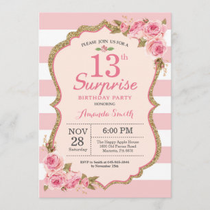 Floral Pink Peonies Surprise 13th Birthday Party Invitation