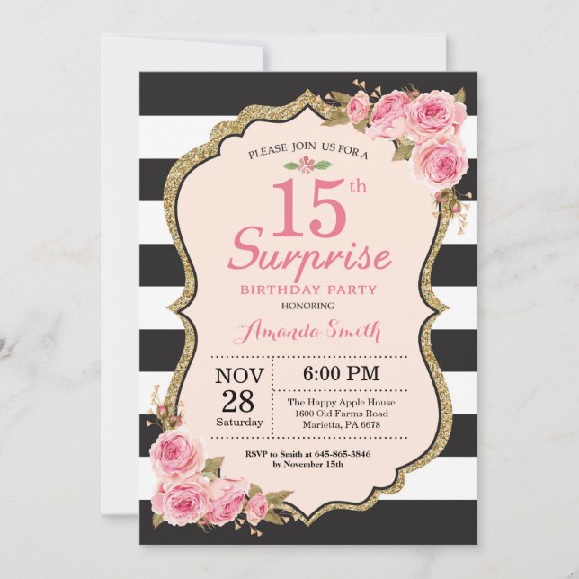 Floral Pink Peonies Surprise 15th Birthday Party Invitation (Front)