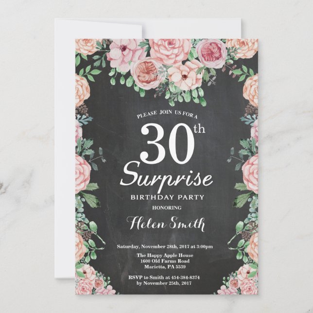 Floral Pink Peonies Surprise 30th Birthday Invitation (Front)