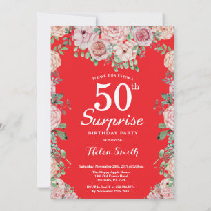 Floral Pink Peonies Surprise 50th Birthday Red Invitation