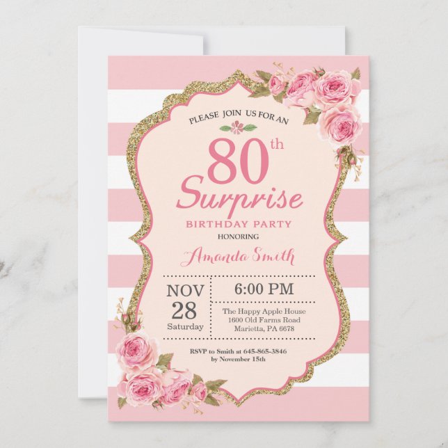 Floral Pink Peonies Surprise 80th Birthday Party Invitation (Front)