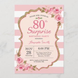 Floral Pink Peonies Surprise 80th Birthday Party Invitation