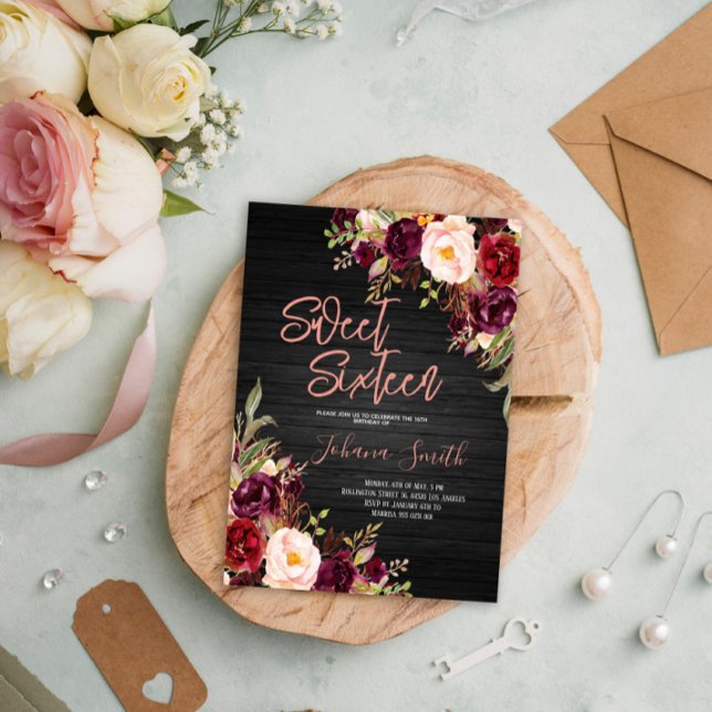 Floral Pink Peony Black Sweet Sixteen Birthday Invitation (Creator Uploaded)
