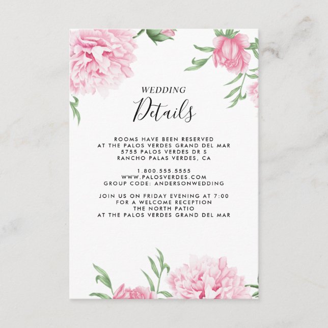 Floral Pink Peony Botanical Elegant Details Enclosure Card (Front)