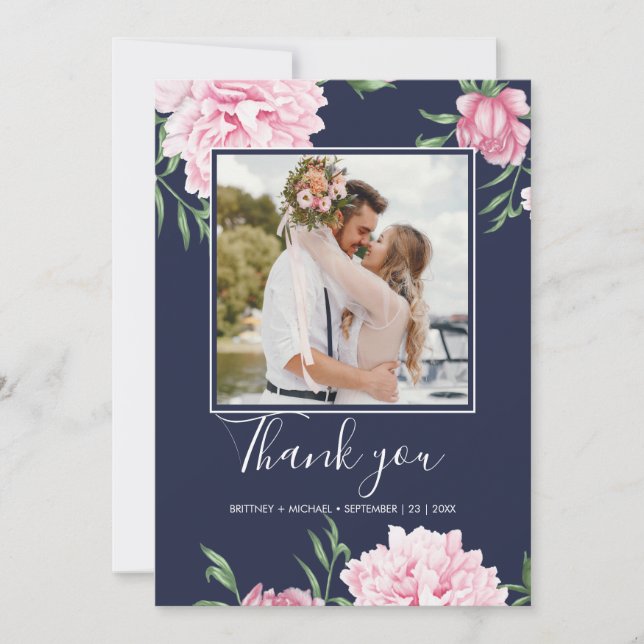 Floral Pink Peony Botanical Photo Elegant Navy Thank You Card (Front)