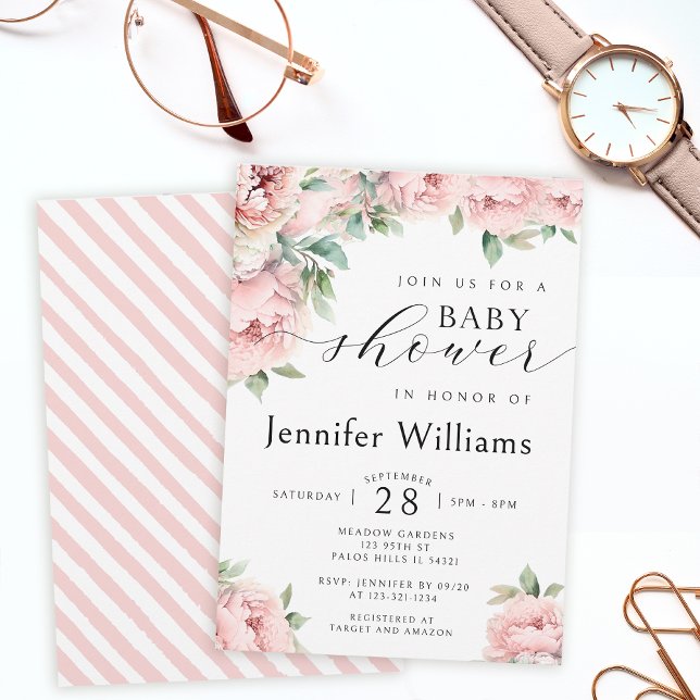 Floral pink peony girl baby shower invitation (Creator Uploaded)