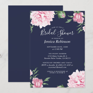 Floral Pink Peony Navy Background Bridal Shower Invitation