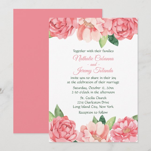 Floral Pink Peony Roses Wedding Flowers Peonies Invitation (Front/Back)