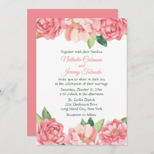 Floral Pink Peony Roses Wedding Flowers Peonies Invitation