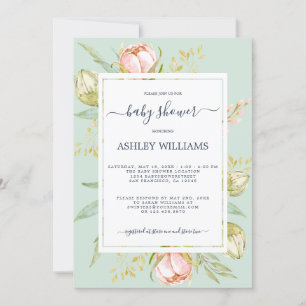 Floral Pink Peony Rustic Boho Green Baby Shower Invitation