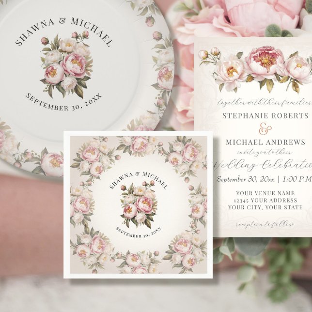 Floral Pink Peony Watercolor Elegant Wedding Napkin (Creator Uploaded)