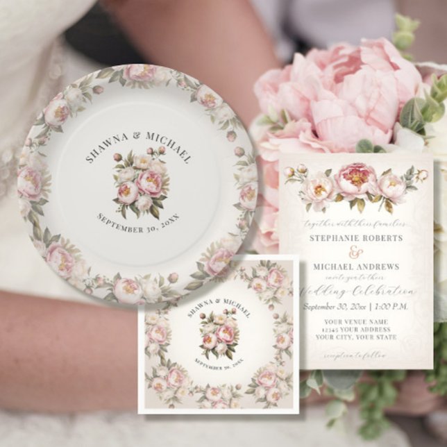 Floral Pink Peony Watercolor Elegant Wedding Paper Plate (Creator Uploaded)
