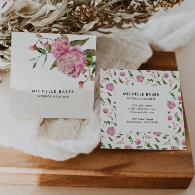 Floral Pink Peony Watercolor Square Business Card (Creator Uploaded)