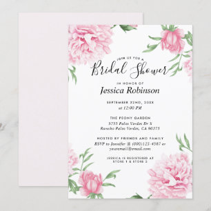 Floral Pink Peony White Background Bridal Shower Invitation