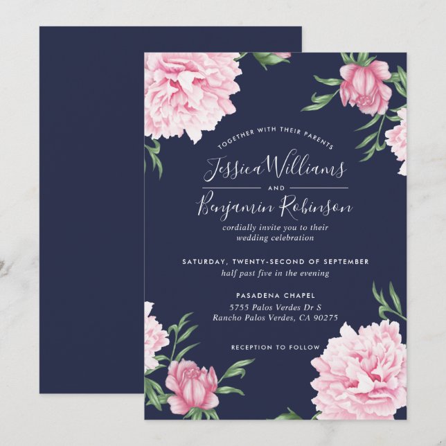 Floral Pink Peony with Navy Background Wedding Invitation (Front/Back)