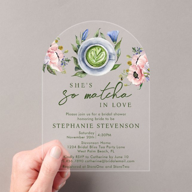 Floral Pink Perfect Matcha Themed Bridal Shower Acrylic Invitations (Insitu (Handheld))