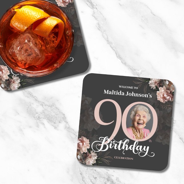 Floral Pink Photo 90th Birthday Party Square Paper Coaster (Mockup View)