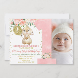 Floral Pink Photo Fluffy Bunny 1st Birthday Invitation
