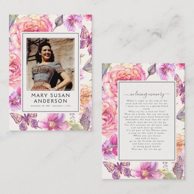 Floral Pink Photo Funeral Memorial Poem Card (Front/Back)