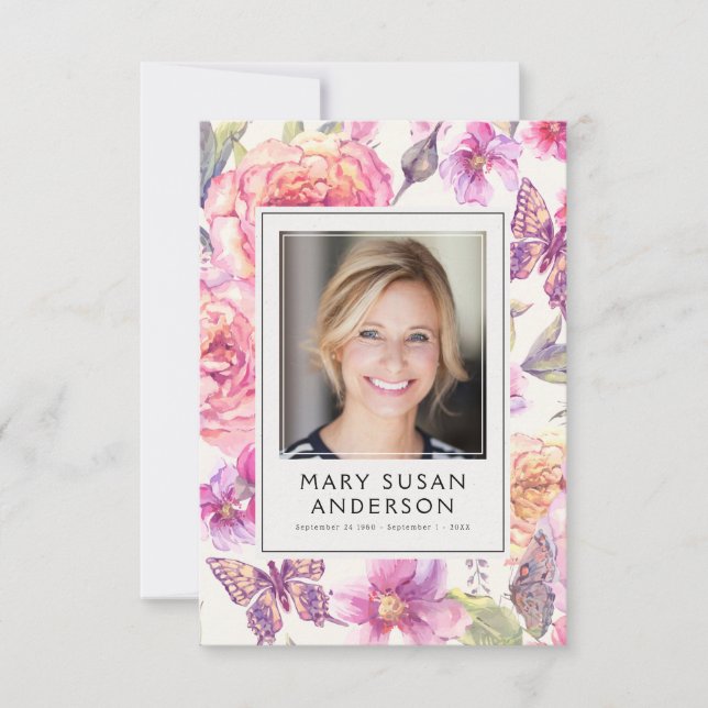 Floral Pink Photo Funeral Memorial Poem Card (Front)