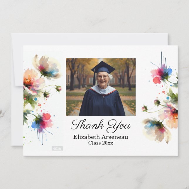 Floral Pink Photo Graduation Personalize Thank You Card (Front)