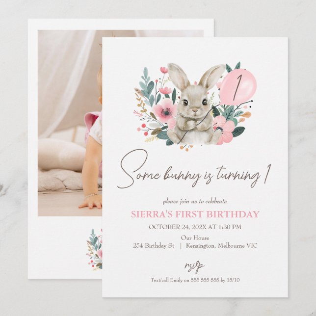 Floral Pink Photo Some Bunny 1st Birthday Invitation (Front/Back)