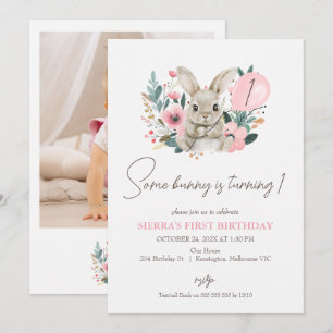 Floral Pink Photo Some Bunny 1st Birthday Invitation