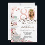 Floral Pink Photo Tea Party 80th Birthday Invitation<br><div class="desc">Floral Pink Photo Tea Party 80th Birthday Invitation. This delightful design captures the essence of elegance and celebration. Featuring a charming watercolor floral motif in shades of pink, adorned with delicate teapots, teacups, and delectable desserts, it sets the perfect ambiance for a milestone celebration. Whether you're commemorating a milestone birthday...</div>