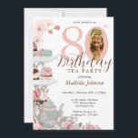 Floral Pink Photo Tea Party 80th Birthday Invitation<br><div class="desc">Floral Pink Photo Tea Party 80th Birthday Invitation. This delightful design captures the essence of elegance and celebration. Featuring a charming watercolor floral motif in shades of pink, adorned with delicate teapots, teacups, and delectable desserts, it sets the perfect ambiance for a milestone celebration. Whether you're commemorating a milestone birthday...</div>