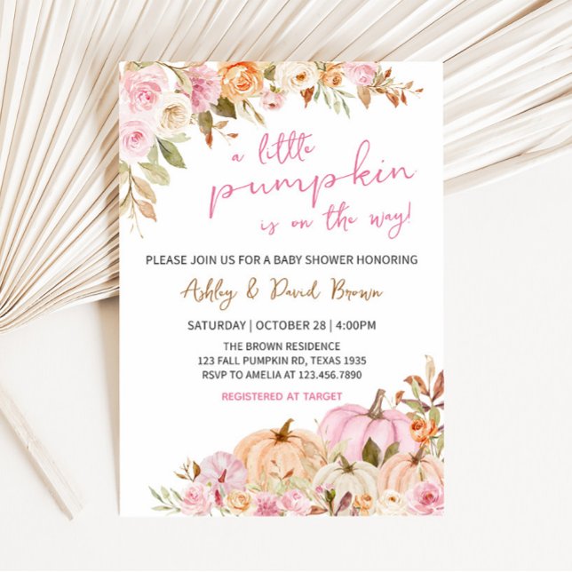 Floral Pink Pumpkin Baby Shower  Invitation (Pink Floral Pumpkin Baby Shower Invitation)