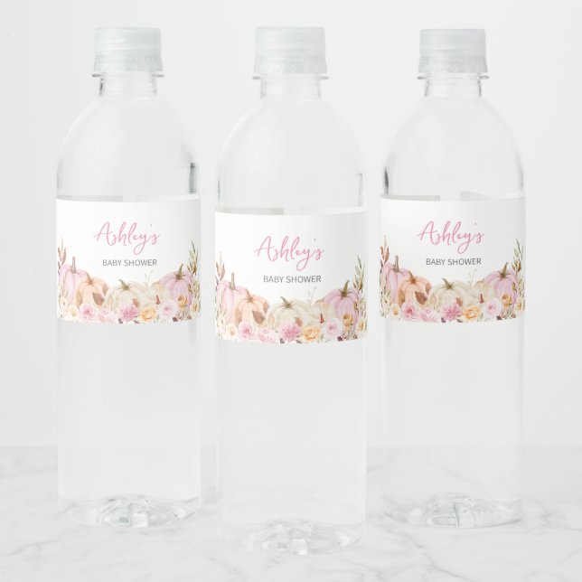 Floral Pink Pumpkin Baby Shower Water Bottle Label (Bottles)
