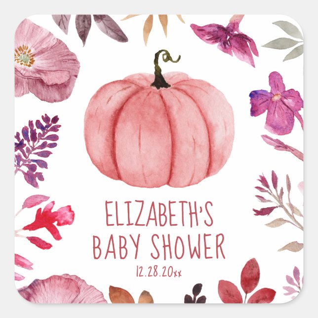 Floral Pink Pumpkin Fall Baby Shower  Square Sticker (Front)
